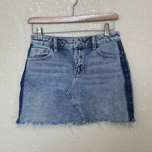 Pacsun Denim Mini Skirt 25 Medium Wash Dark Stripes On Sides Raw Hem